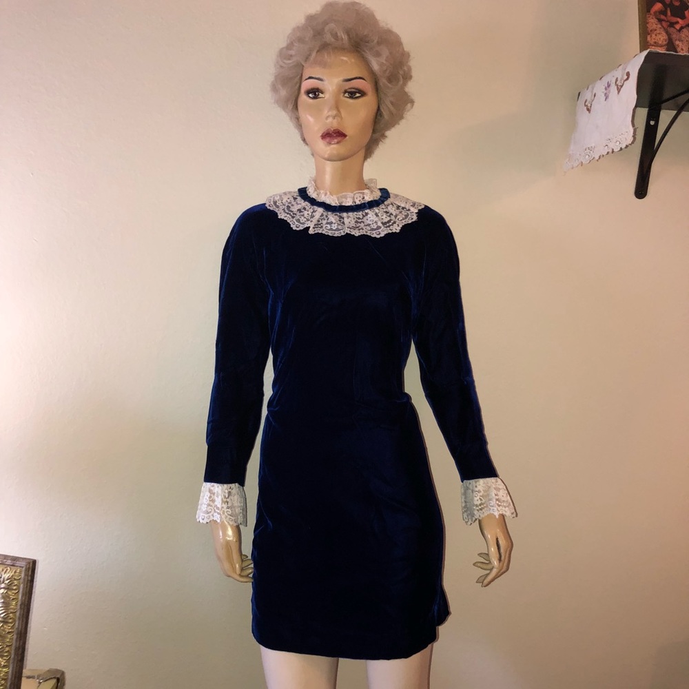 Vintage 1960s Blue Velvet Dress Ruffle Lace
